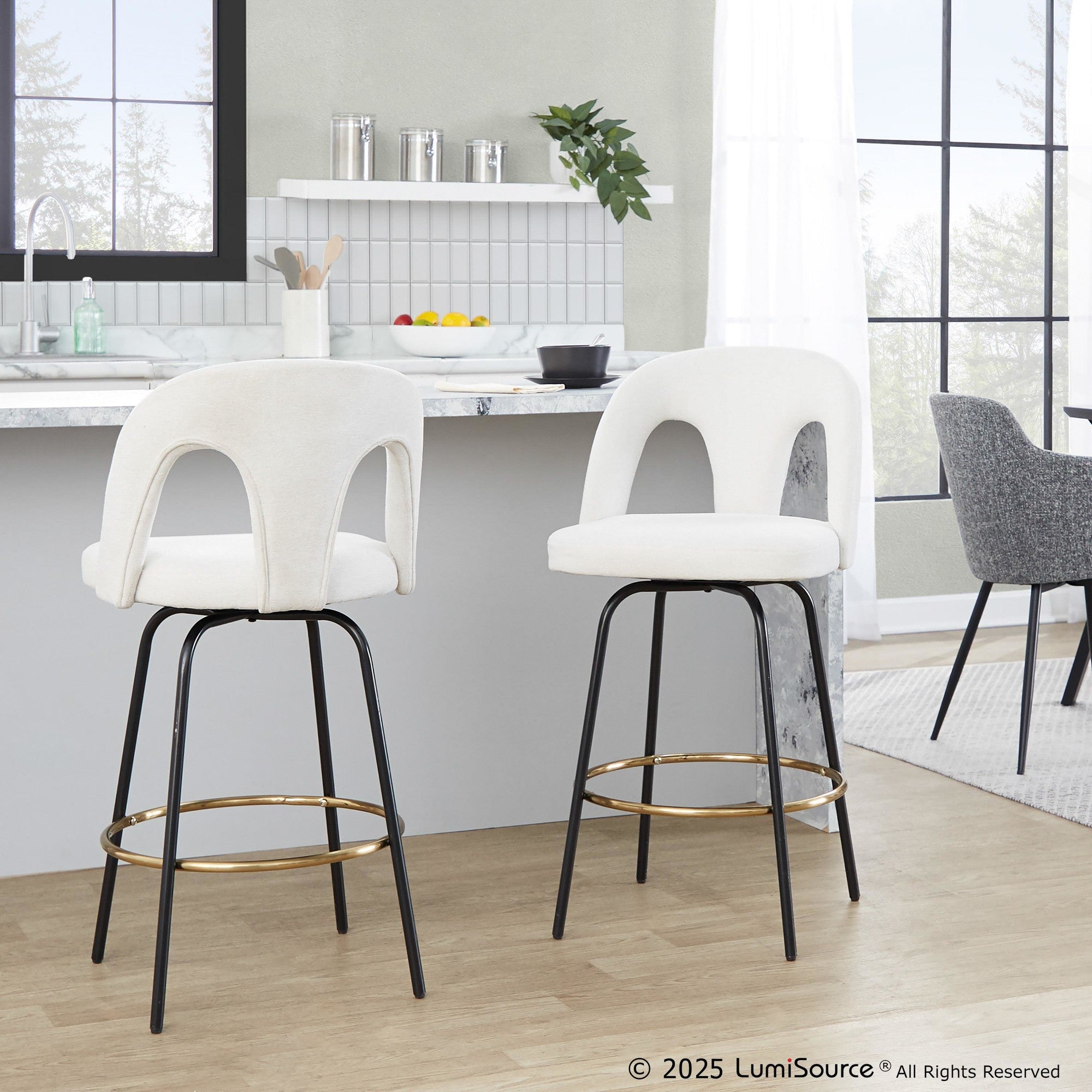 Ava Upholstered 26" Fixed-Height Counter Stool - Set of 2 - Black Metal, Snow White Fabric, Gold Metal