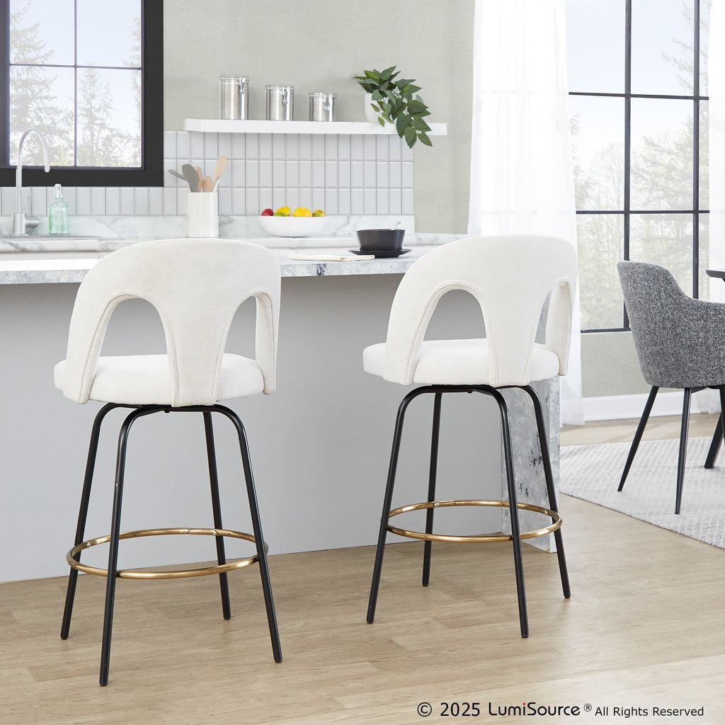 Ava Upholstered 26" Fixed-Height Counter Stool - Set of 2 - Black Metal, Snow White Fabric, Gold Metal