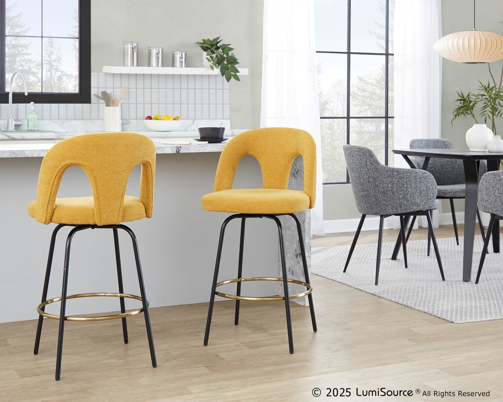 Ava Upholstered 26" Fixed-Height Counter Stool - Set of 2 - Black Metal, Yellow Fabric, Gold Metal
