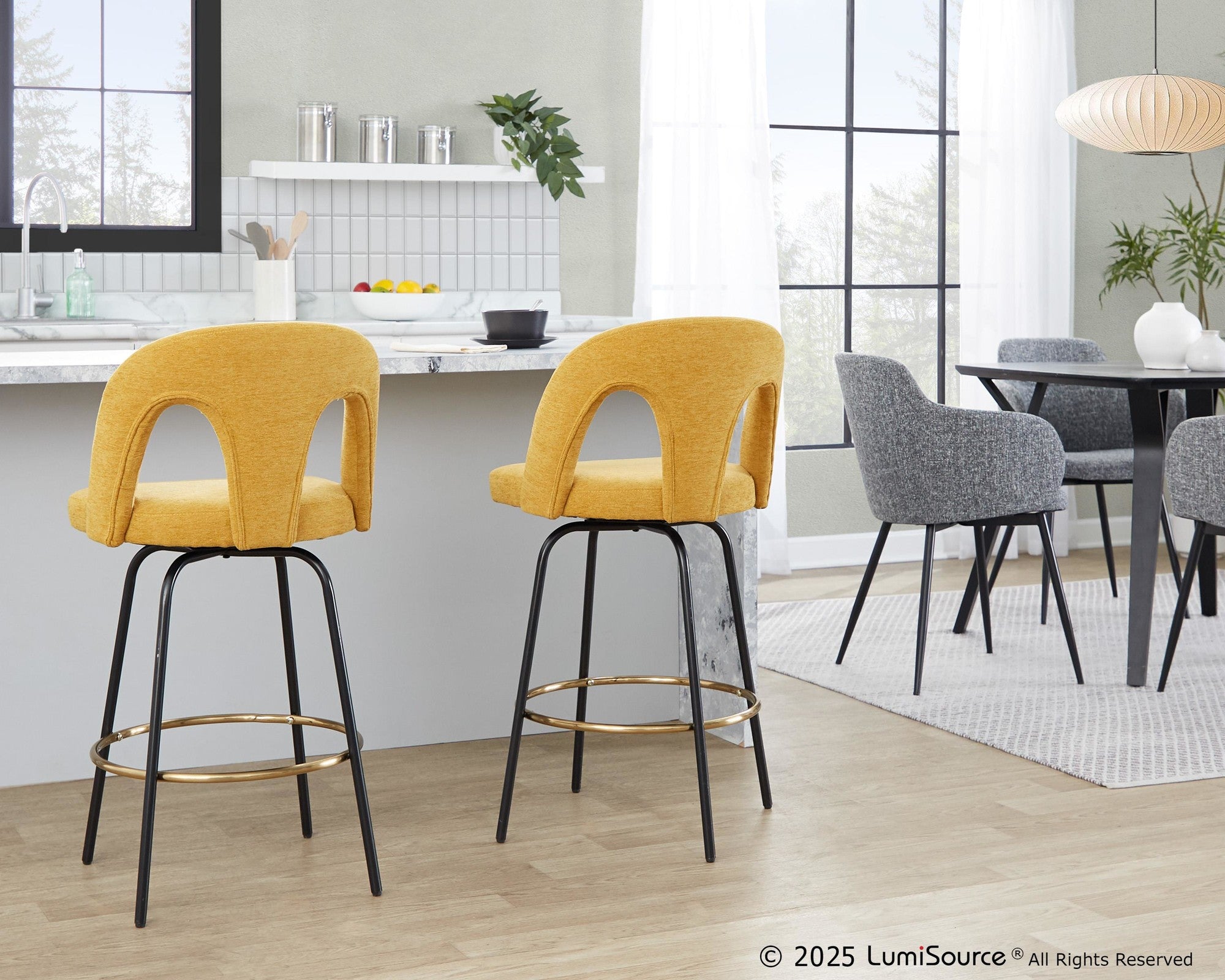 Ava Upholstered 26" Fixed-Height Counter Stool - Set of 2 - Black Metal, Yellow Fabric, Gold Metal