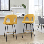 Ava Upholstered 26" Fixed-Height Counter Stool - Set of 2 - Black Metal, Yellow Fabric, Gold Metal