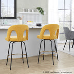 Ava Upholstered 26" Fixed-Height Counter Stool - Set of 2 - Black Metal, Yellow Fabric, Gold Metal