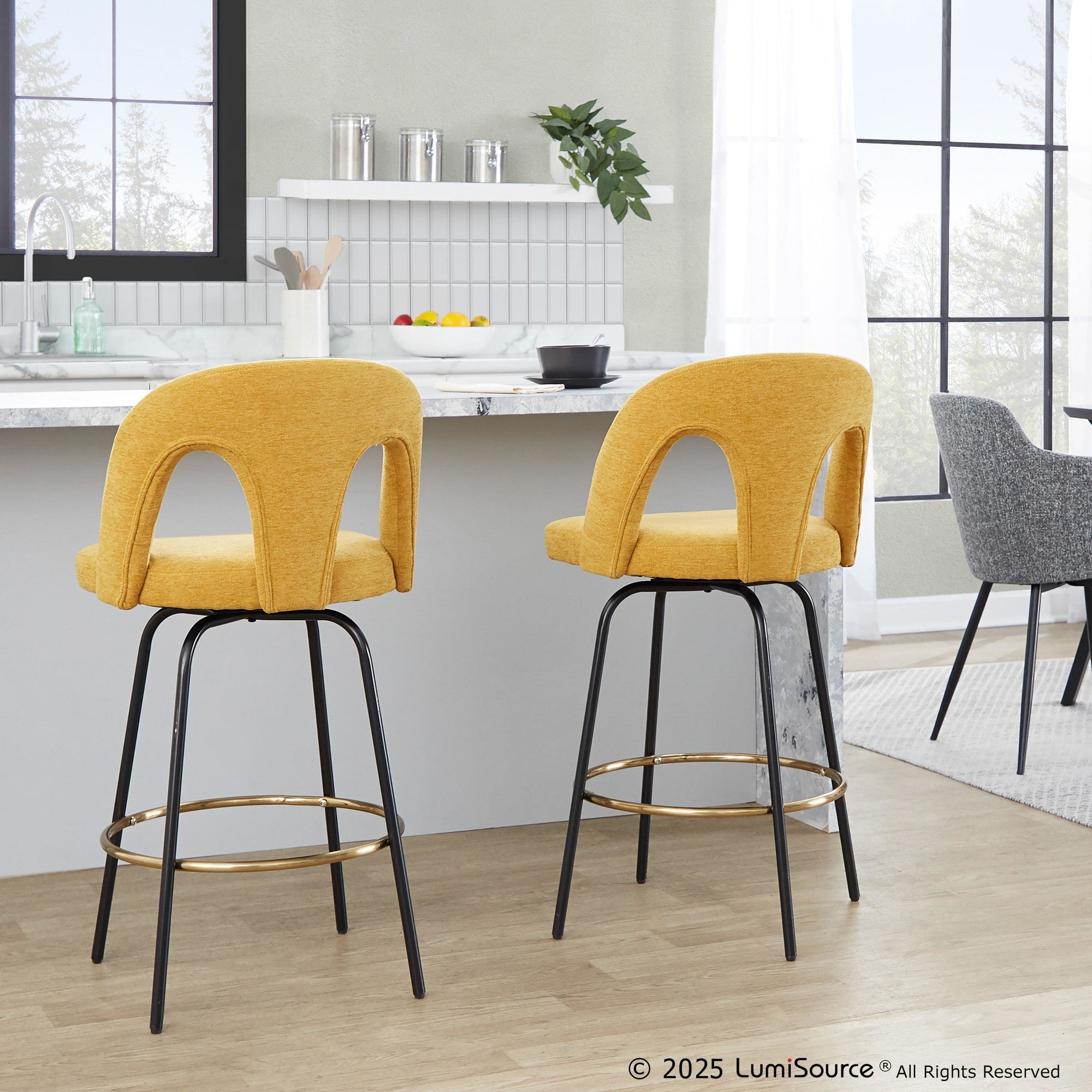 Ava Upholstered 26" Fixed-Height Counter Stool - Set of 2 - Black Metal, Yellow Fabric, Gold Metal