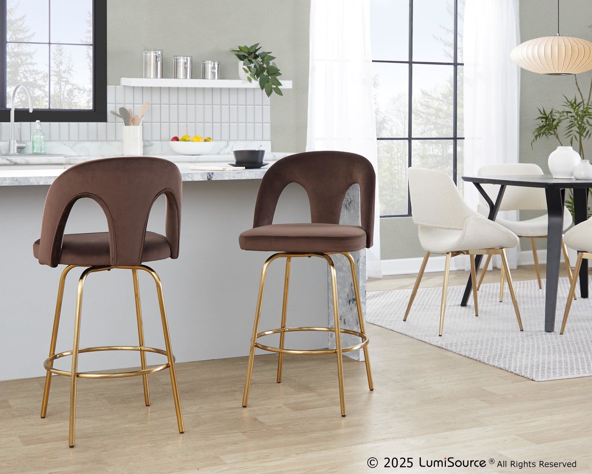 Ava Upholstered 26" Fixed-Height Counter Stool - Set of 2 - Gold Metal, Espresso Velvet