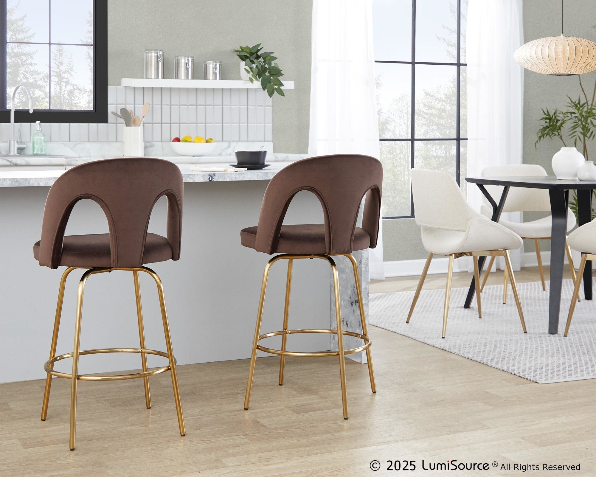 Ava Upholstered 26" Fixed-Height Counter Stool - Set of 2 - Gold Metal, Espresso Velvet
