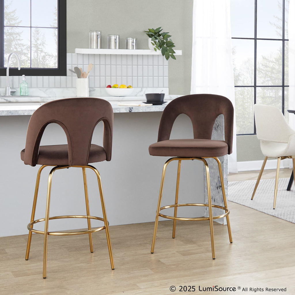 Ava Upholstered 26" Fixed-Height Counter Stool - Set of 2 - Gold Metal, Espresso Velvet