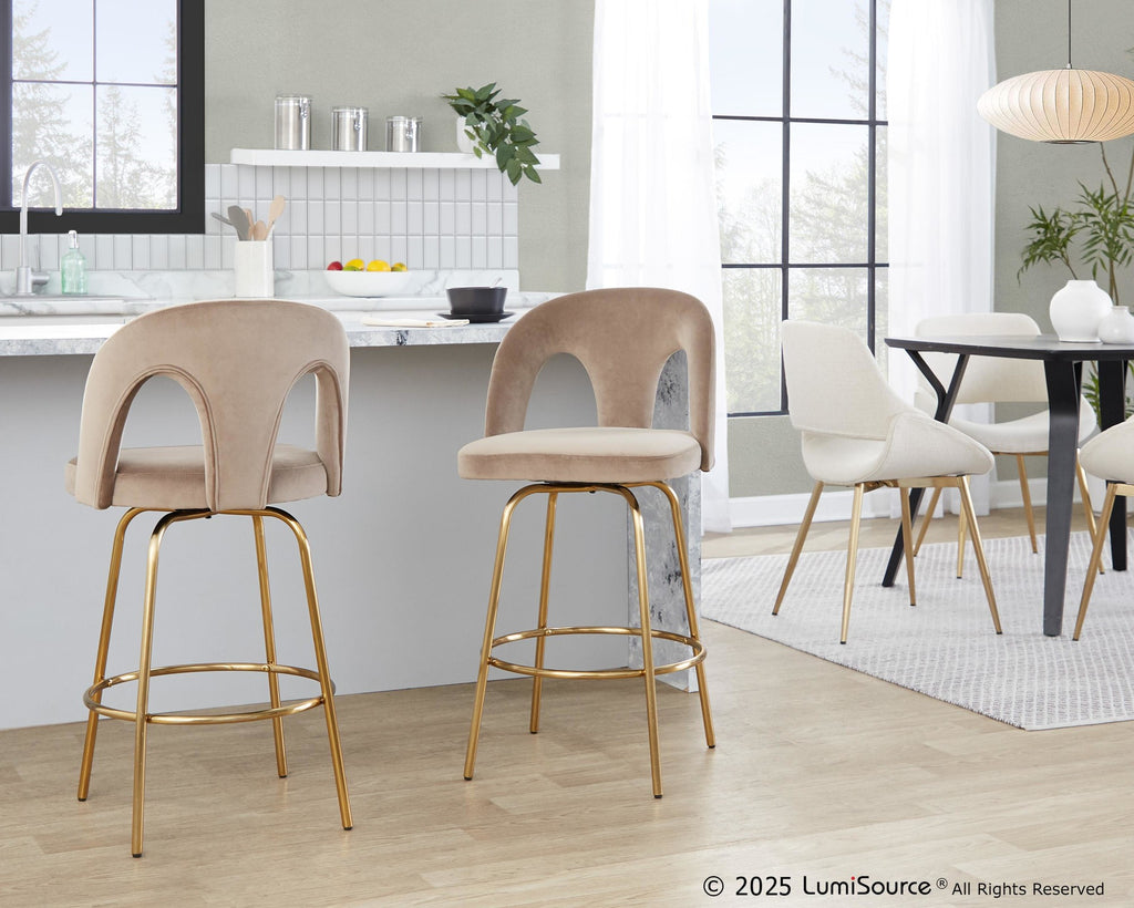 Ava Upholstered 26" Fixed-Height Counter Stool - Set of 2 - Gold Metal, Taupe Velvet