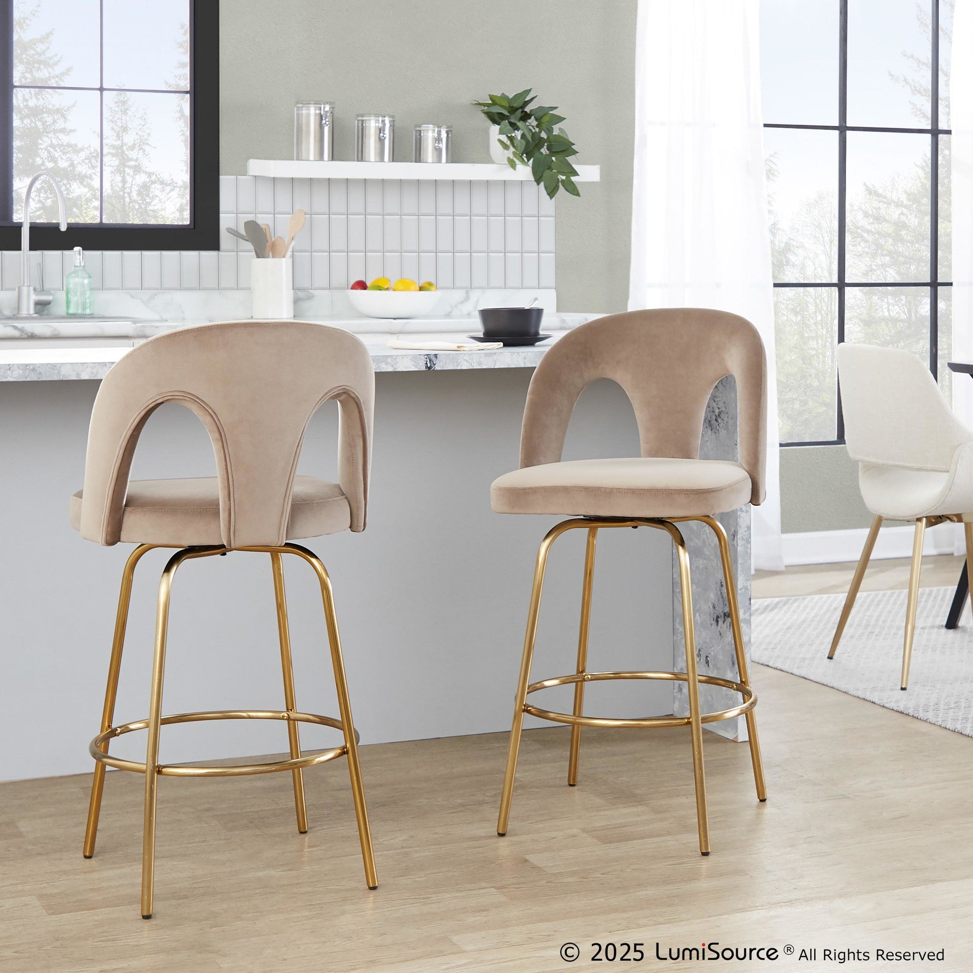 Ava Upholstered 26" Fixed-Height Counter Stool - Set of 2 - Gold Metal, Taupe Velvet