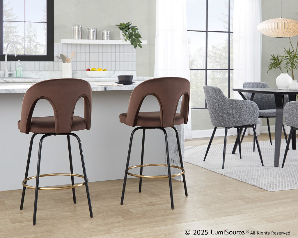 Ava Upholstered 26" Fixed-Height Counter Stool - Set of 2 - Black Metal, Espresso Velvet, Gold Metal