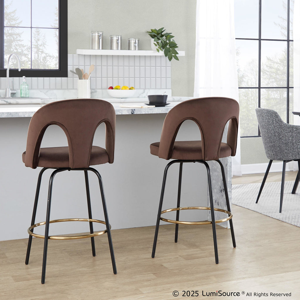 Ava Upholstered 26" Fixed-Height Counter Stool - Set of 2 - Black Metal, Espresso Velvet, Gold Metal