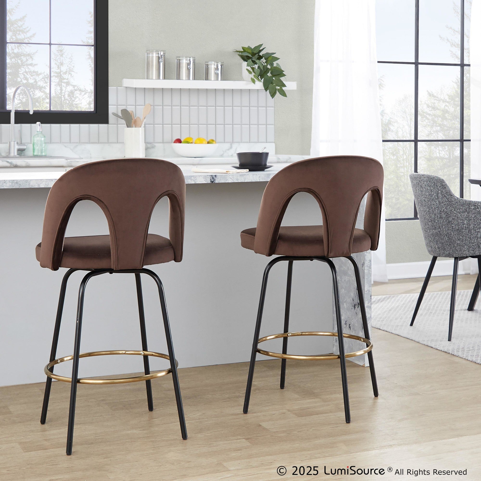 Ava Upholstered 26" Fixed-Height Counter Stool - Set of 2 - Black Metal, Espresso Velvet, Gold Metal