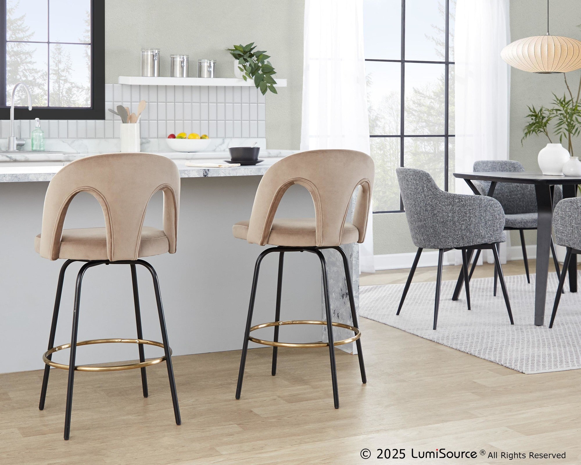 Ava Upholstered 26" Fixed-Height Counter Stool - Set of 2 - Black Metal, Taupe Velvet, Gold Metal