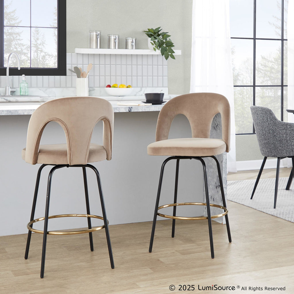 Ava Upholstered 26" Fixed-Height Counter Stool - Set of 2 - Black Metal, Taupe Velvet, Gold Metal
