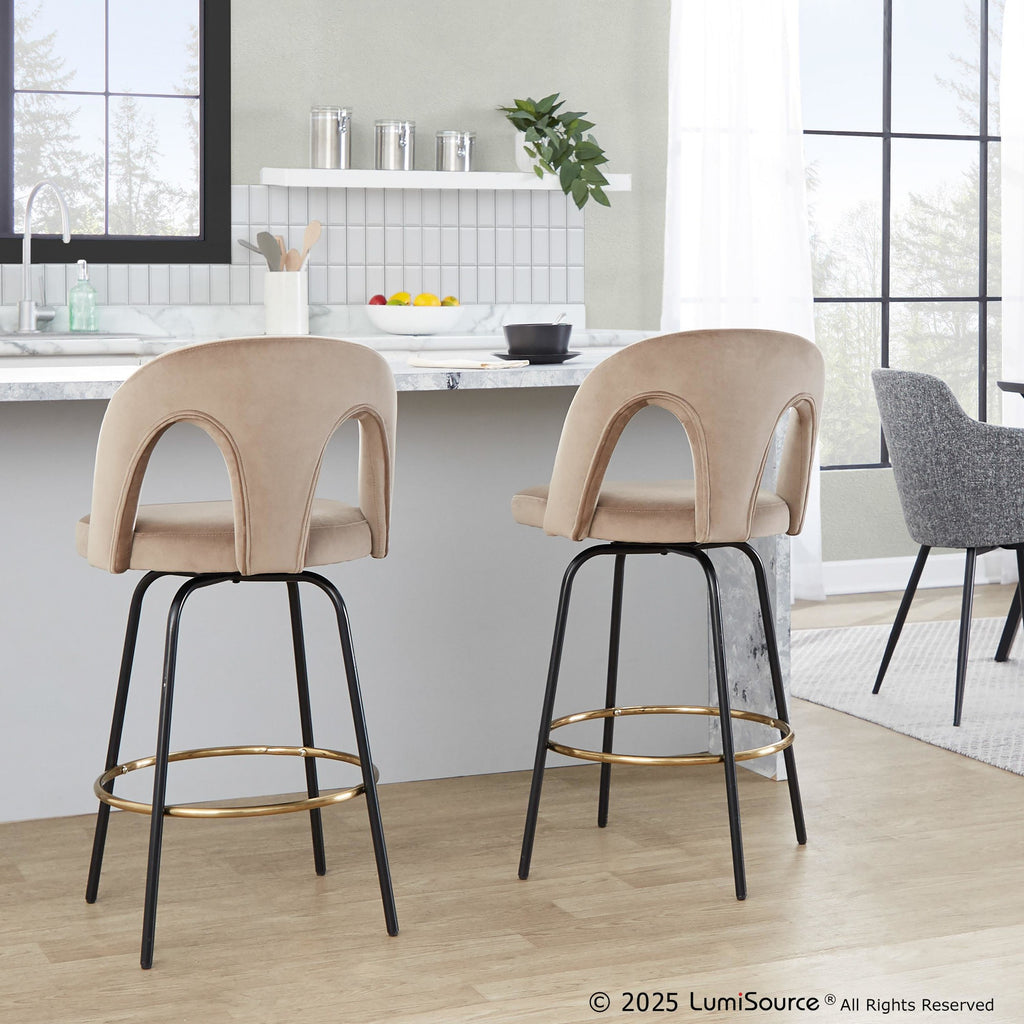Ava Upholstered 26" Fixed-Height Counter Stool - Set of 2 - Black Metal, Taupe Velvet, Gold Metal