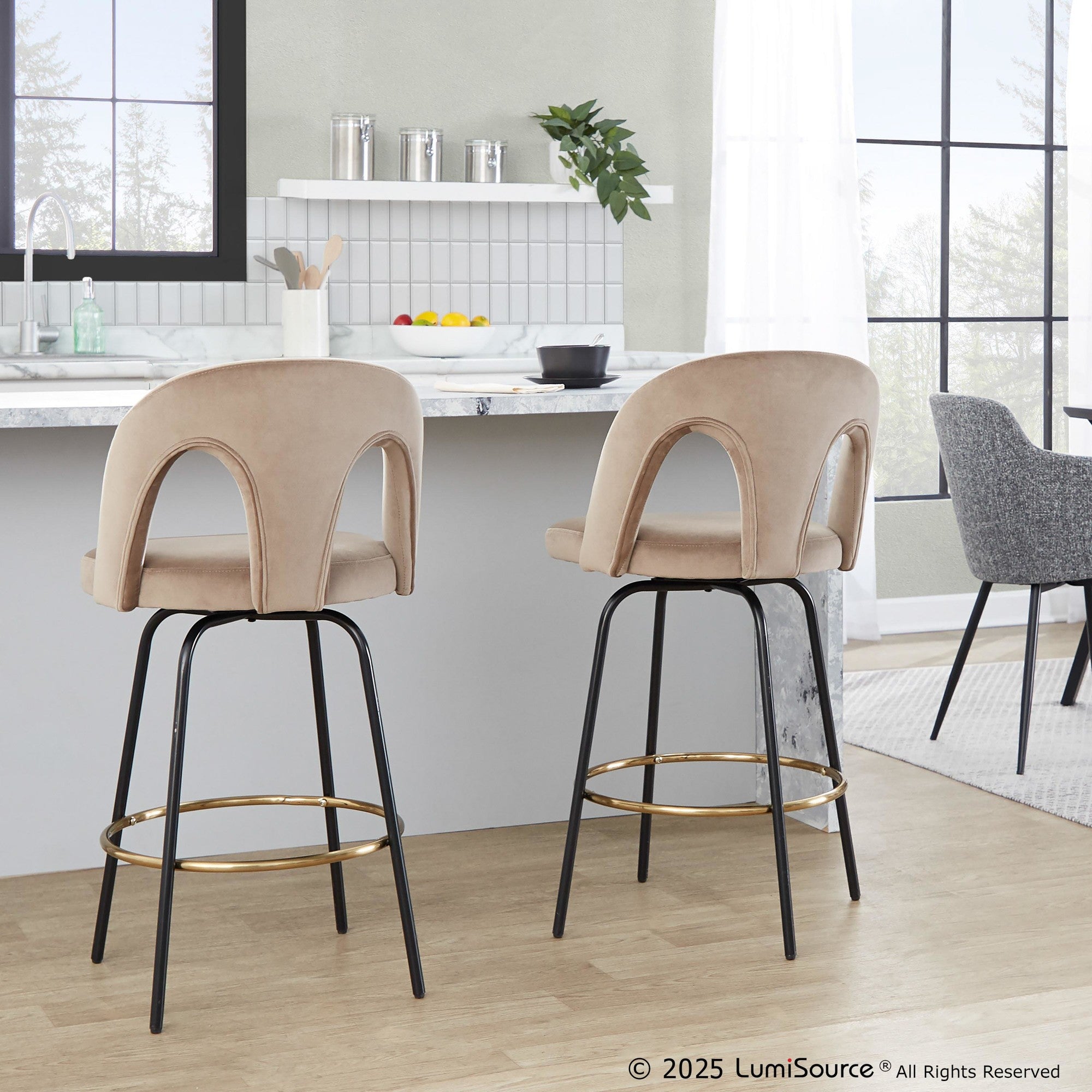 Ava Upholstered 26" Fixed-Height Counter Stool - Set of 2 - Black Metal, Taupe Velvet, Gold Metal