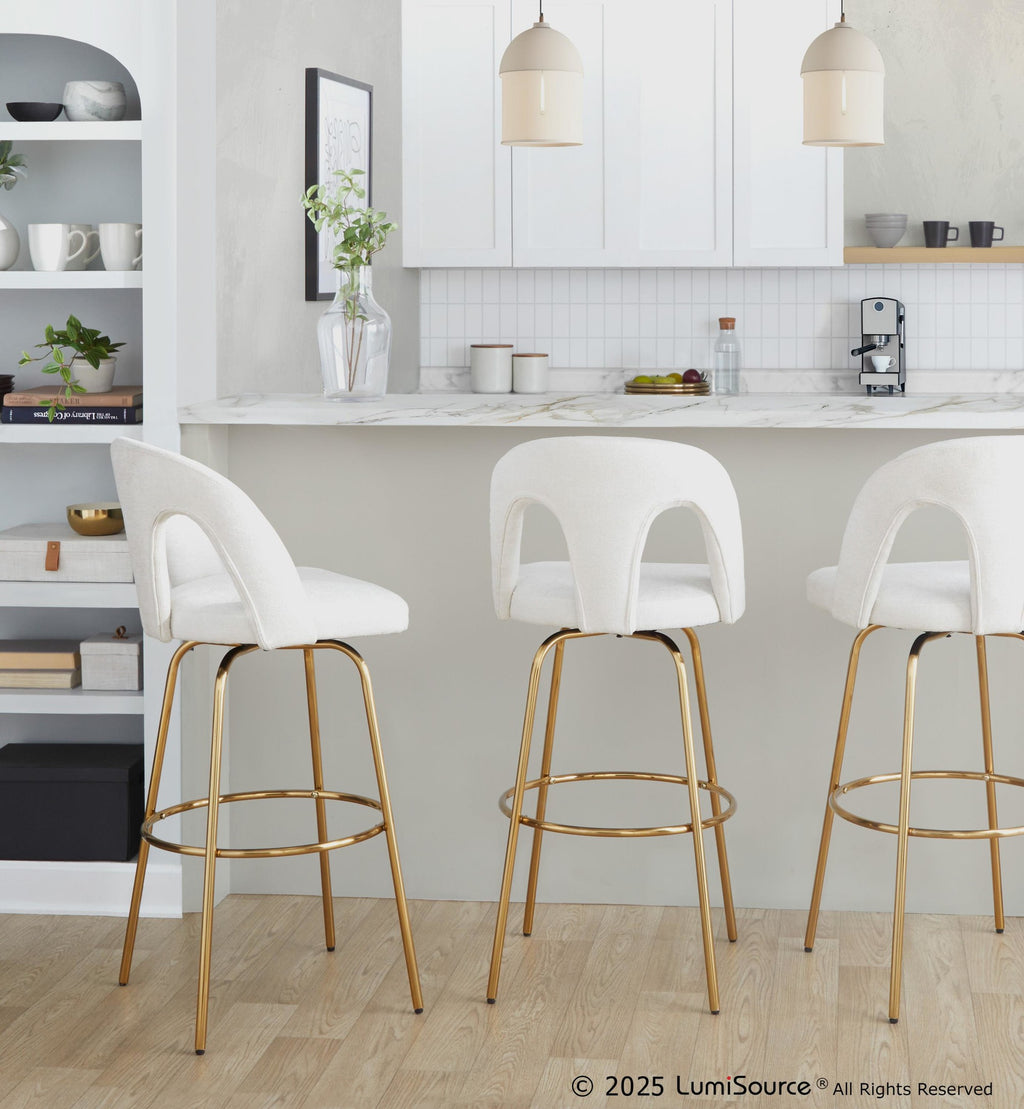 Ava Upholstered 30" Fixed-Height Barstool - Set of 2 - Gold Metal, Snow White Fabric