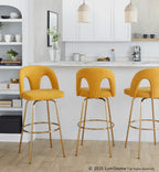 Ava Upholstered 30" Fixed-Height Barstool - Set of 2 - Gold Metal, Yellow Fabric