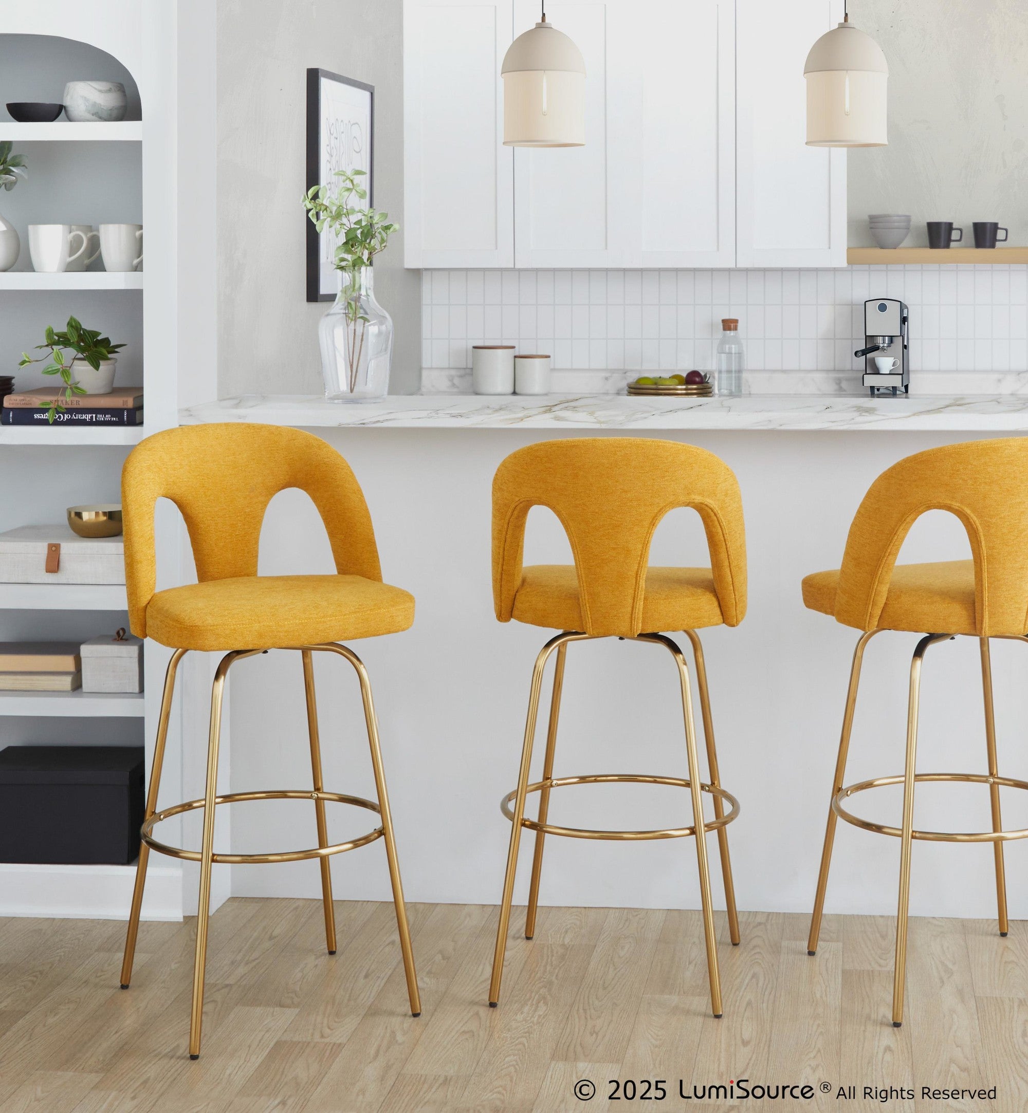 Ava Upholstered 30" Fixed-Height Barstool - Set of 2 - Gold Metal, Yellow Fabric