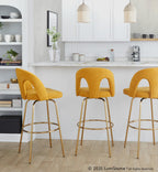 Ava Upholstered 30" Fixed-Height Barstool - Set of 2 - Gold Metal, Yellow Fabric