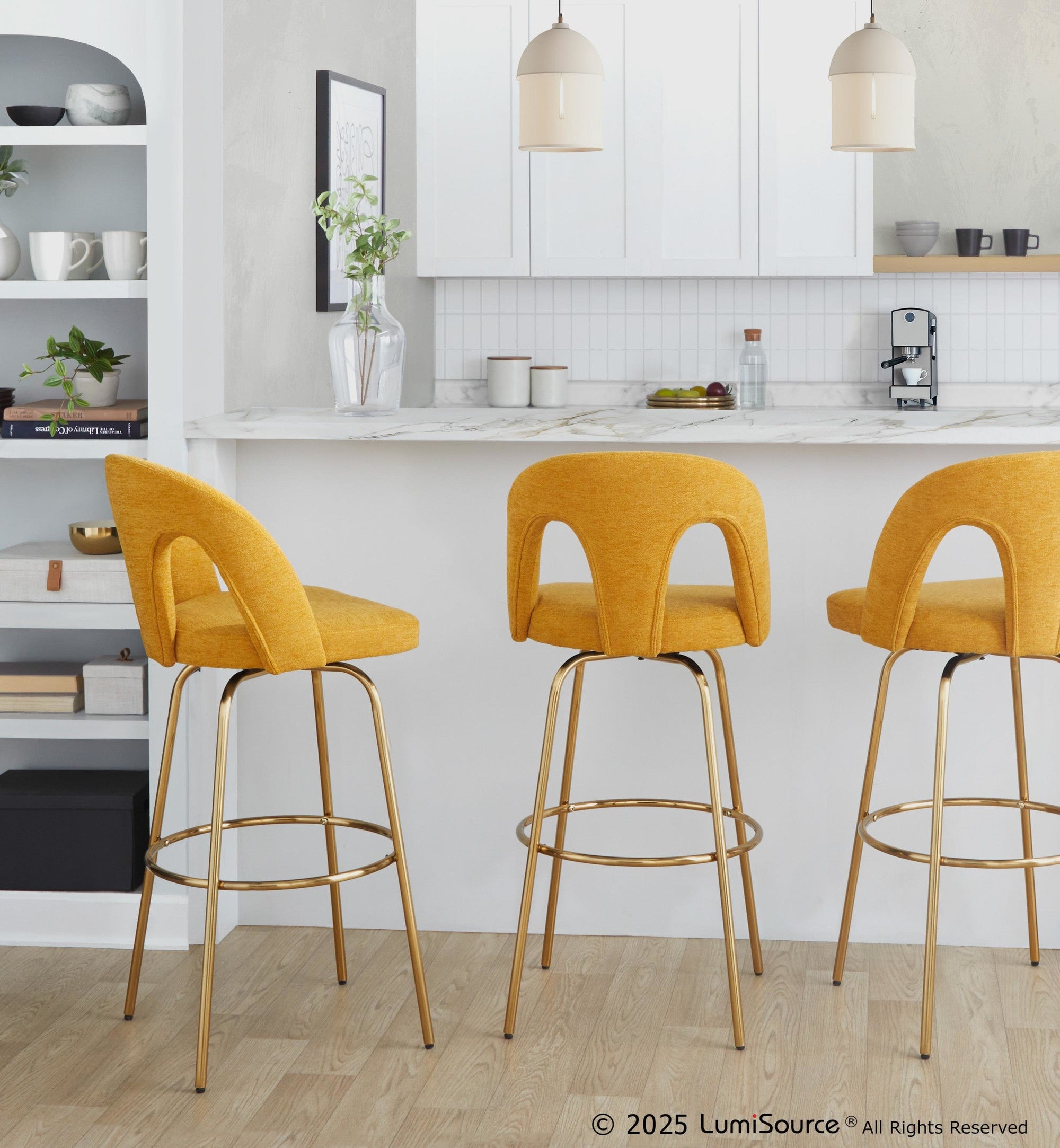 Ava Upholstered 30" Fixed-Height Barstool - Set of 2 - Gold Metal, Yellow Fabric