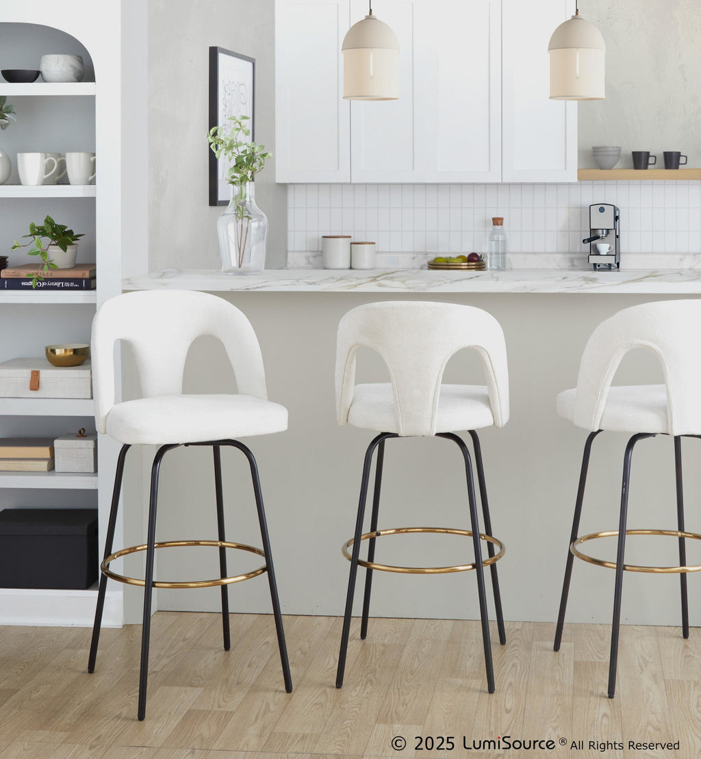 Ava Upholstered 30" Fixed-Height Barstool - Set of 2 - Black Metal, Snow White Fabric, Gold Metal