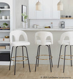 Ava Upholstered 30" Fixed-Height Barstool - Set of 2 - Black Metal, Snow White Fabric, Gold Metal