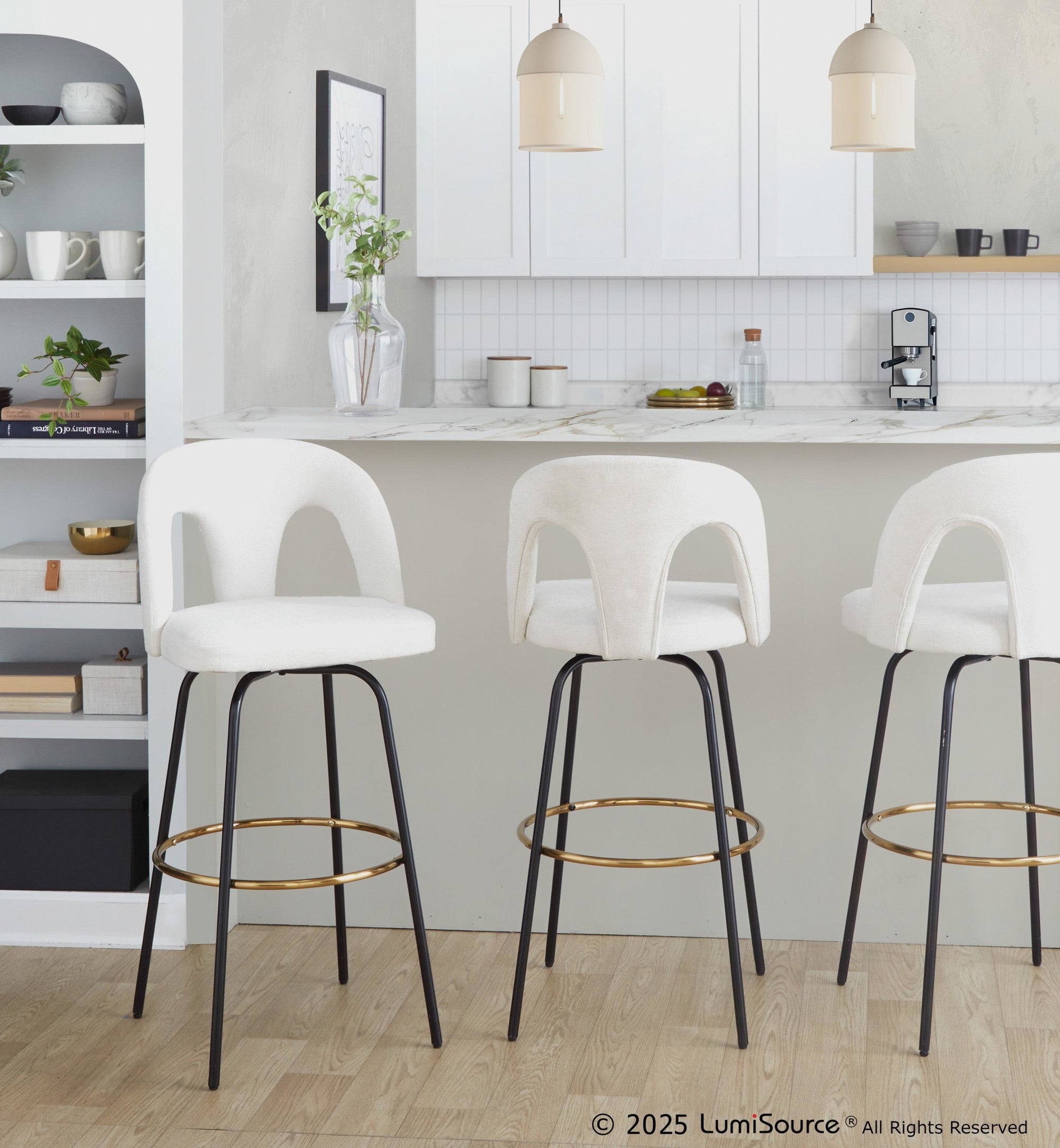 Ava Upholstered 30" Fixed-Height Barstool - Set of 2 - Black Metal, Snow White Fabric, Gold Metal
