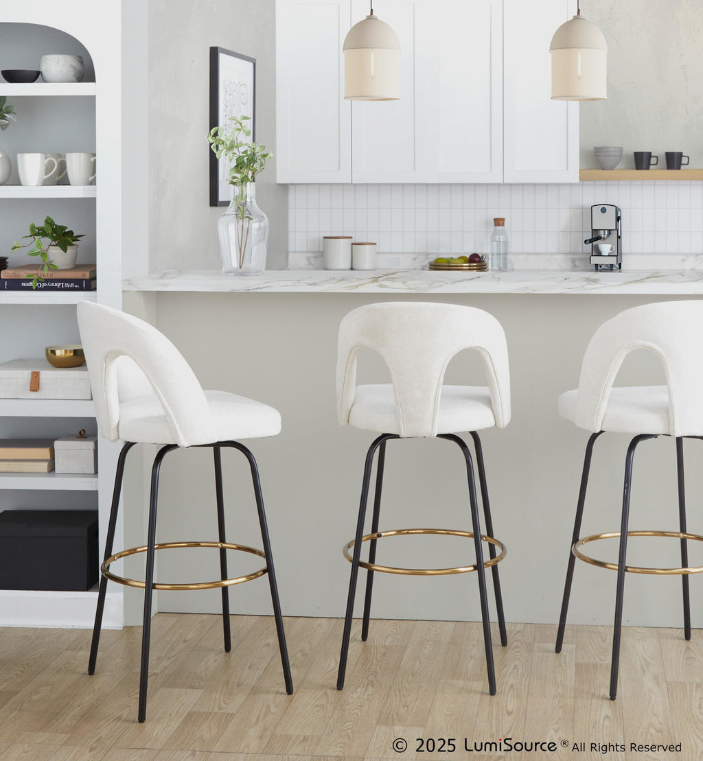 Ava Upholstered 30" Fixed-Height Barstool - Set of 2 - Black Metal, Snow White Fabric, Gold Metal