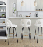 Ava Upholstered 30" Fixed-Height Barstool - Set of 2 - Black Metal, Snow White Fabric, Gold Metal