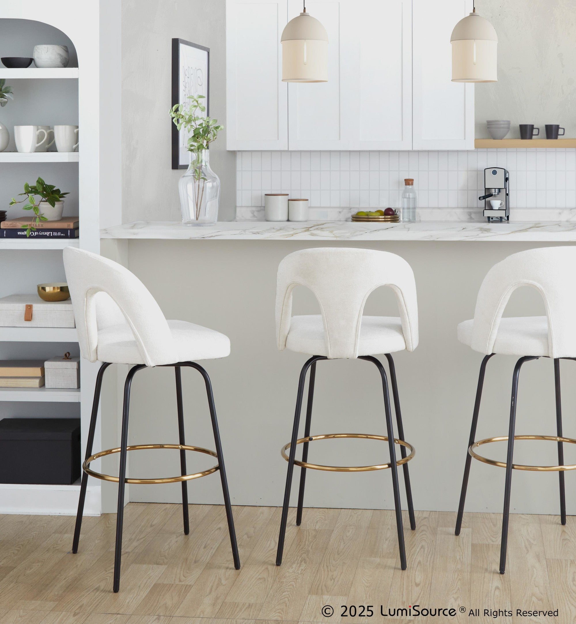 Ava Upholstered 30" Fixed-Height Barstool - Set of 2 - Black Metal, Snow White Fabric, Gold Metal