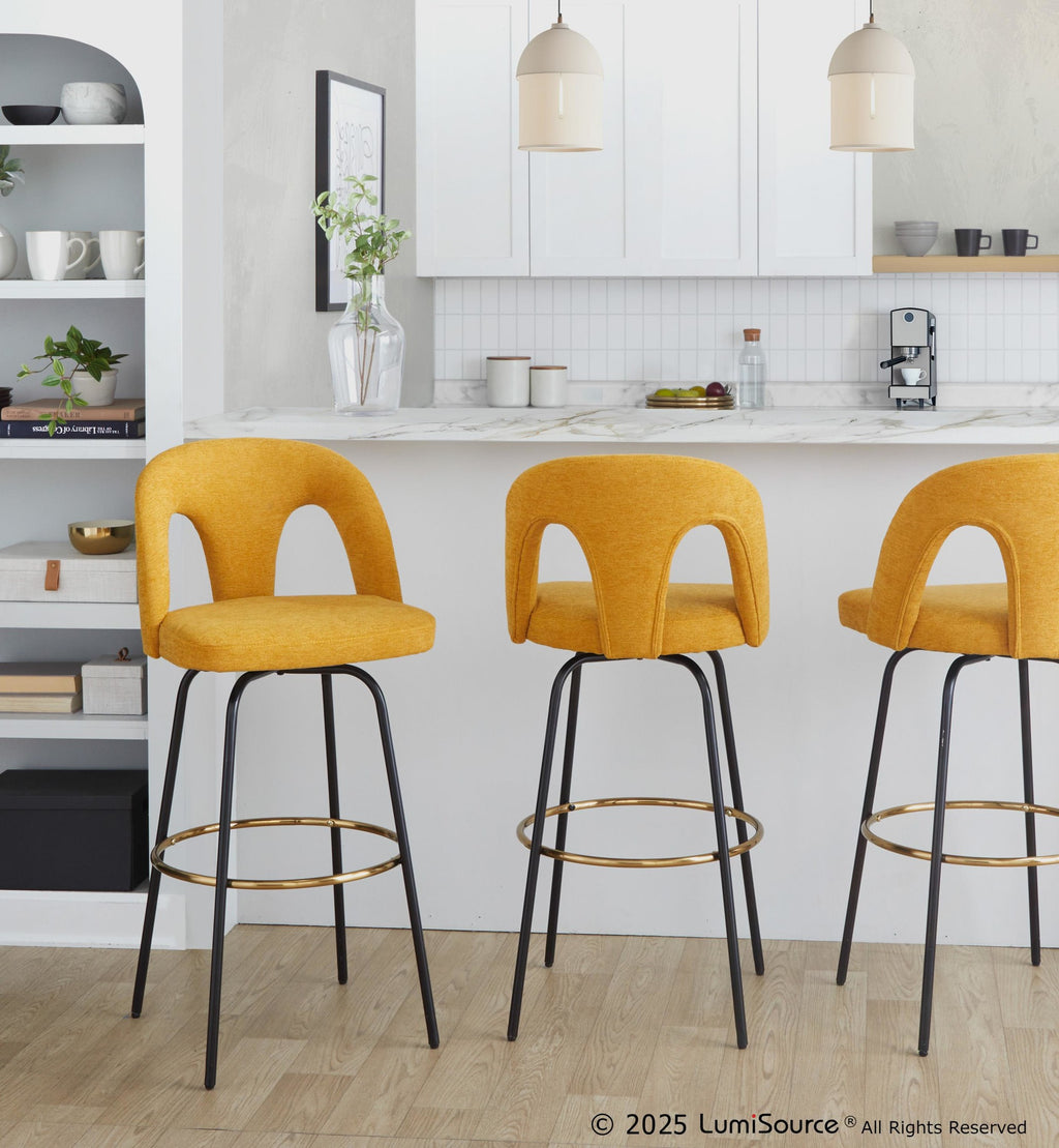 Ava Upholstered 30" Fixed-Height Barstool - Set of 2 - Black Metal, Yellow Fabric, Gold Metal