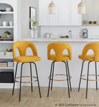 Ava Upholstered 30" Fixed-Height Barstool - Set of 2 - Black Metal, Yellow Fabric, Gold Metal