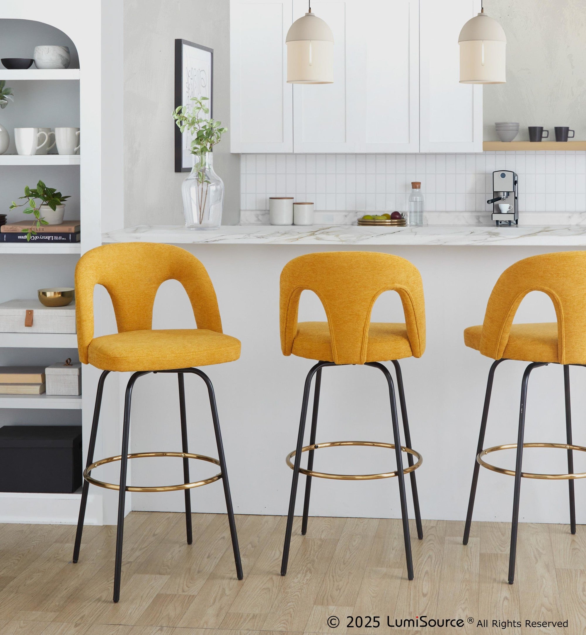 Ava Upholstered 30" Fixed-Height Barstool - Set of 2 - Black Metal, Yellow Fabric, Gold Metal