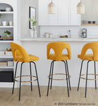 Ava Upholstered 30" Fixed-Height Barstool - Set of 2 - Black Metal, Yellow Fabric, Gold Metal