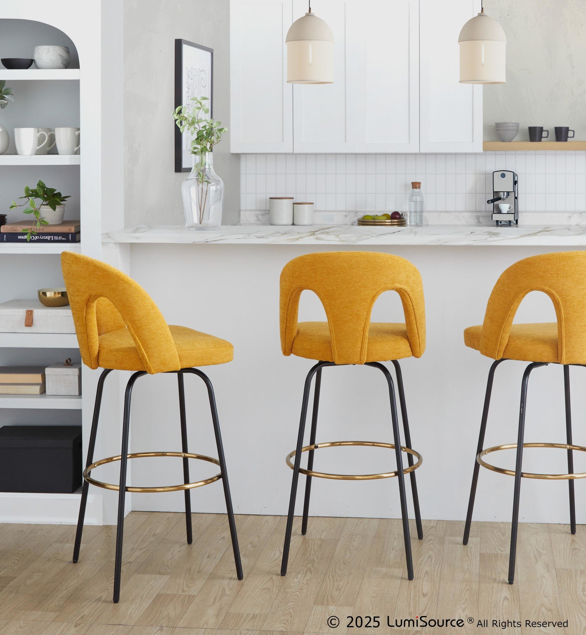 Ava Upholstered 30" Fixed-Height Barstool - Set of 2 - Black Metal, Yellow Fabric, Gold Metal