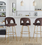Ava Upholstered 30" Fixed-Height Barstool - Set of 2 - Gold Metal, Espresso Velvet