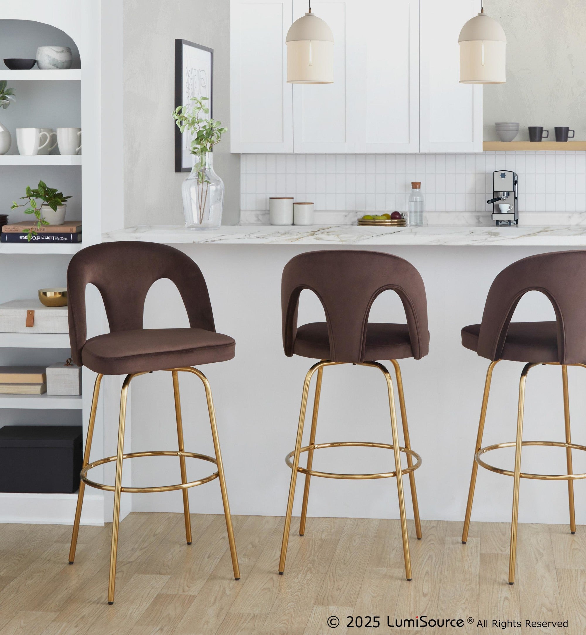 Ava Upholstered 30" Fixed-Height Barstool - Set of 2 - Gold Metal, Espresso Velvet