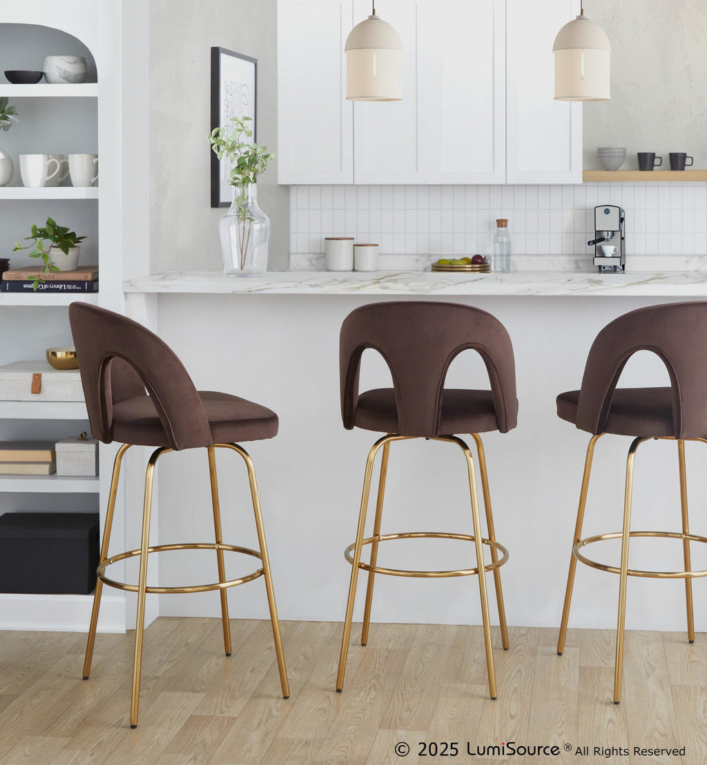Ava Upholstered 30" Fixed-Height Barstool - Set of 2 - Gold Metal, Espresso Velvet