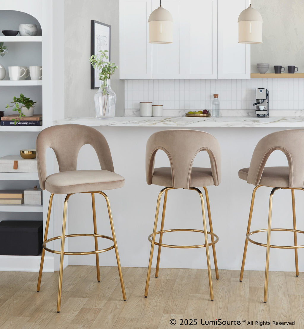 Ava Upholstered 30" Fixed-Height Barstool - Set of 2 - Gold Metal, Taupe Velvet