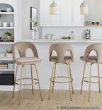 Ava Upholstered 30" Fixed-Height Barstool - Set of 2 - Gold Metal, Taupe Velvet