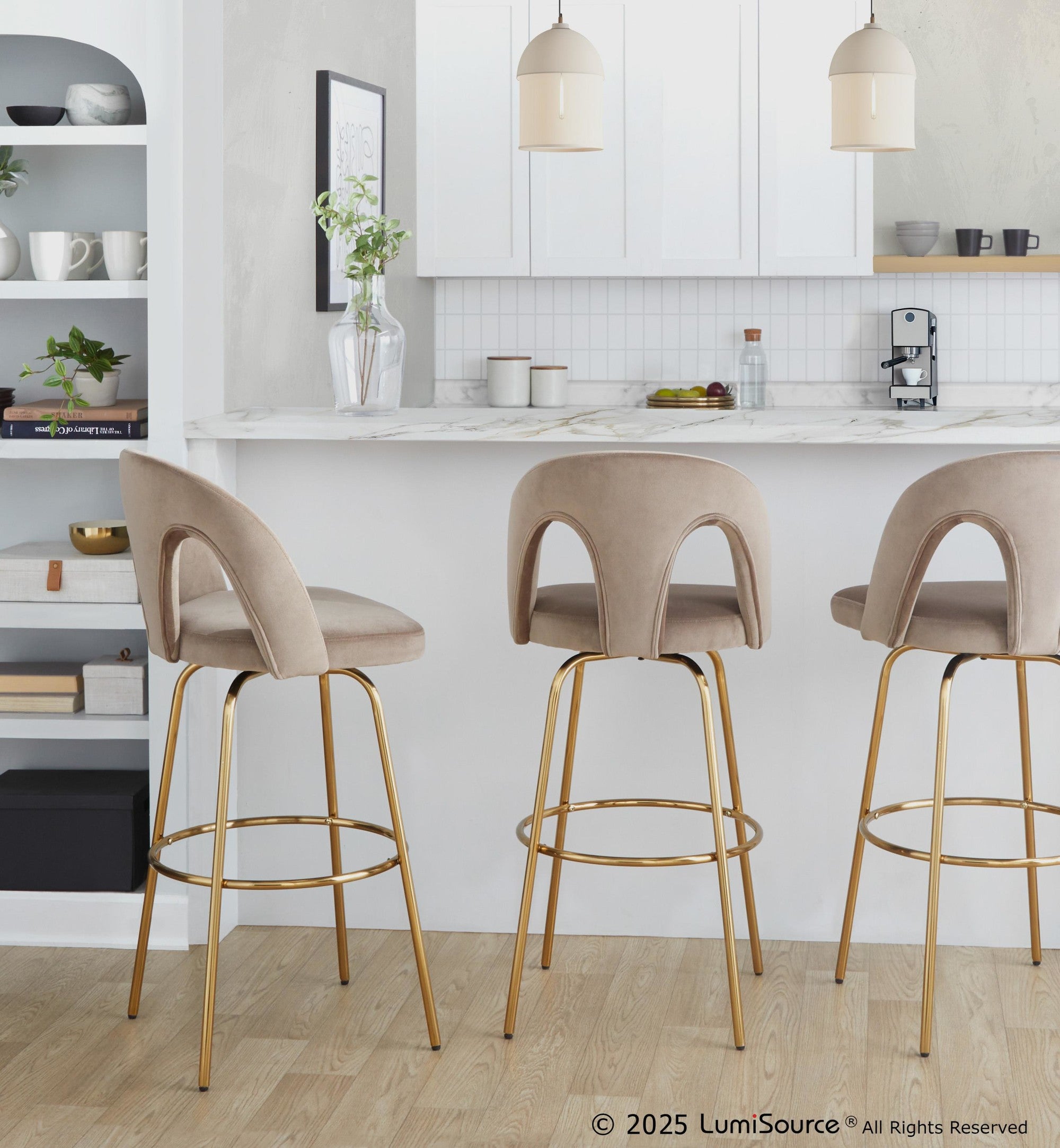 Ava Upholstered 30" Fixed-Height Barstool - Set of 2 - Gold Metal, Taupe Velvet