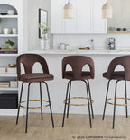 Ava Upholstered 30" Fixed-Height Barstool - Set of 2 - Black Metal, Espresso Velvet, Gold Metal