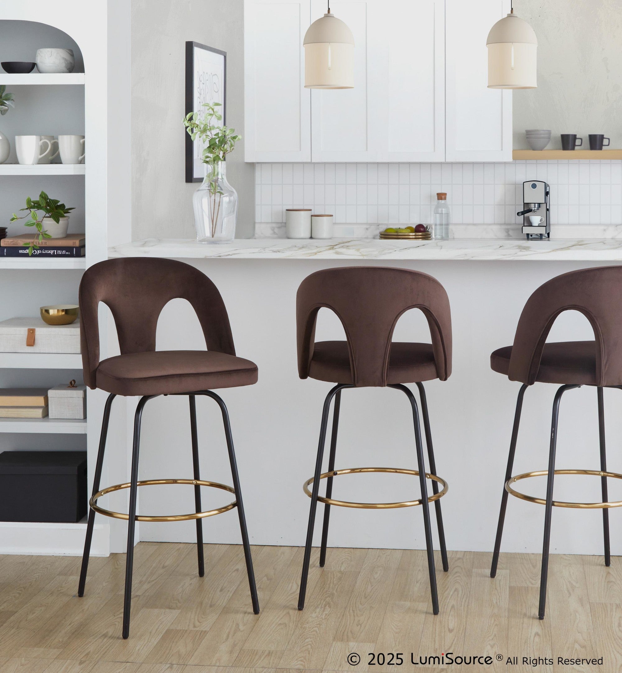 Ava Upholstered 30" Fixed-Height Barstool - Set of 2 - Black Metal, Espresso Velvet, Gold Metal