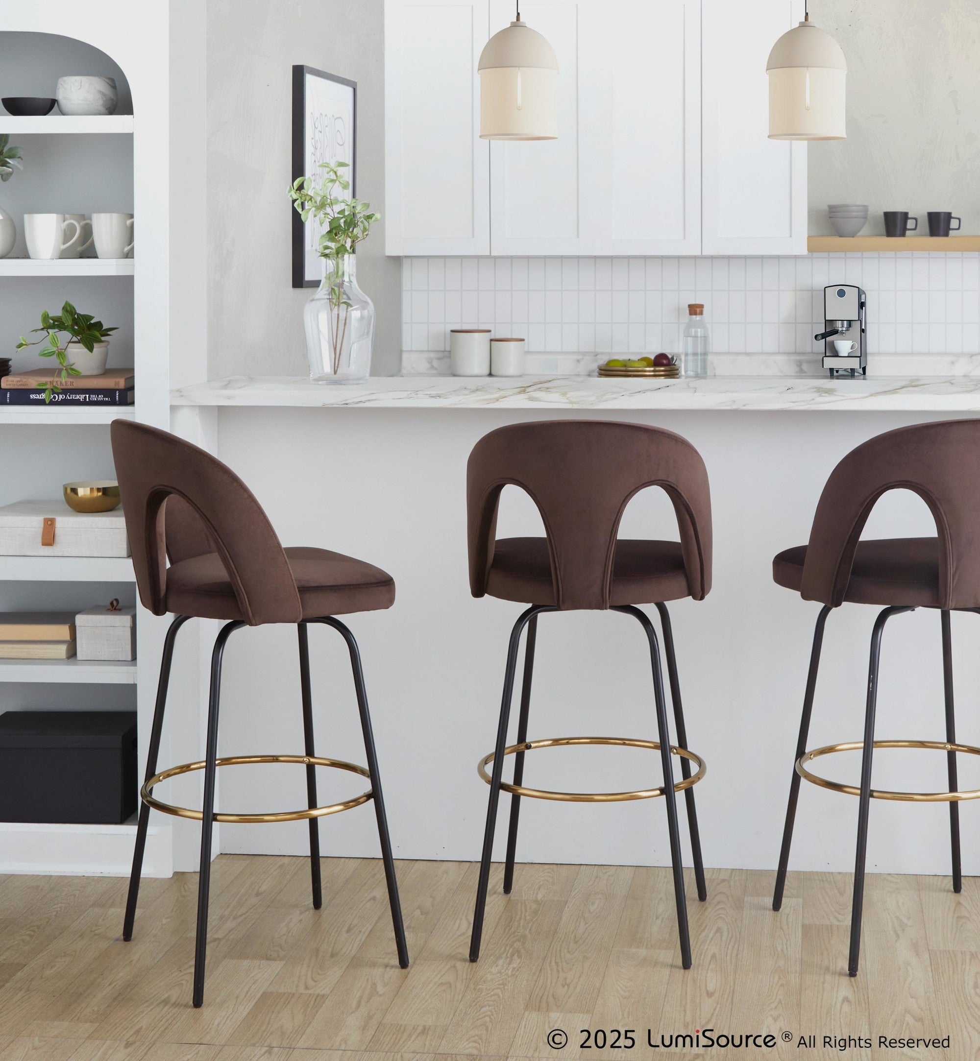 Ava Upholstered 30" Fixed-Height Barstool - Set of 2 - Black Metal, Espresso Velvet, Gold Metal