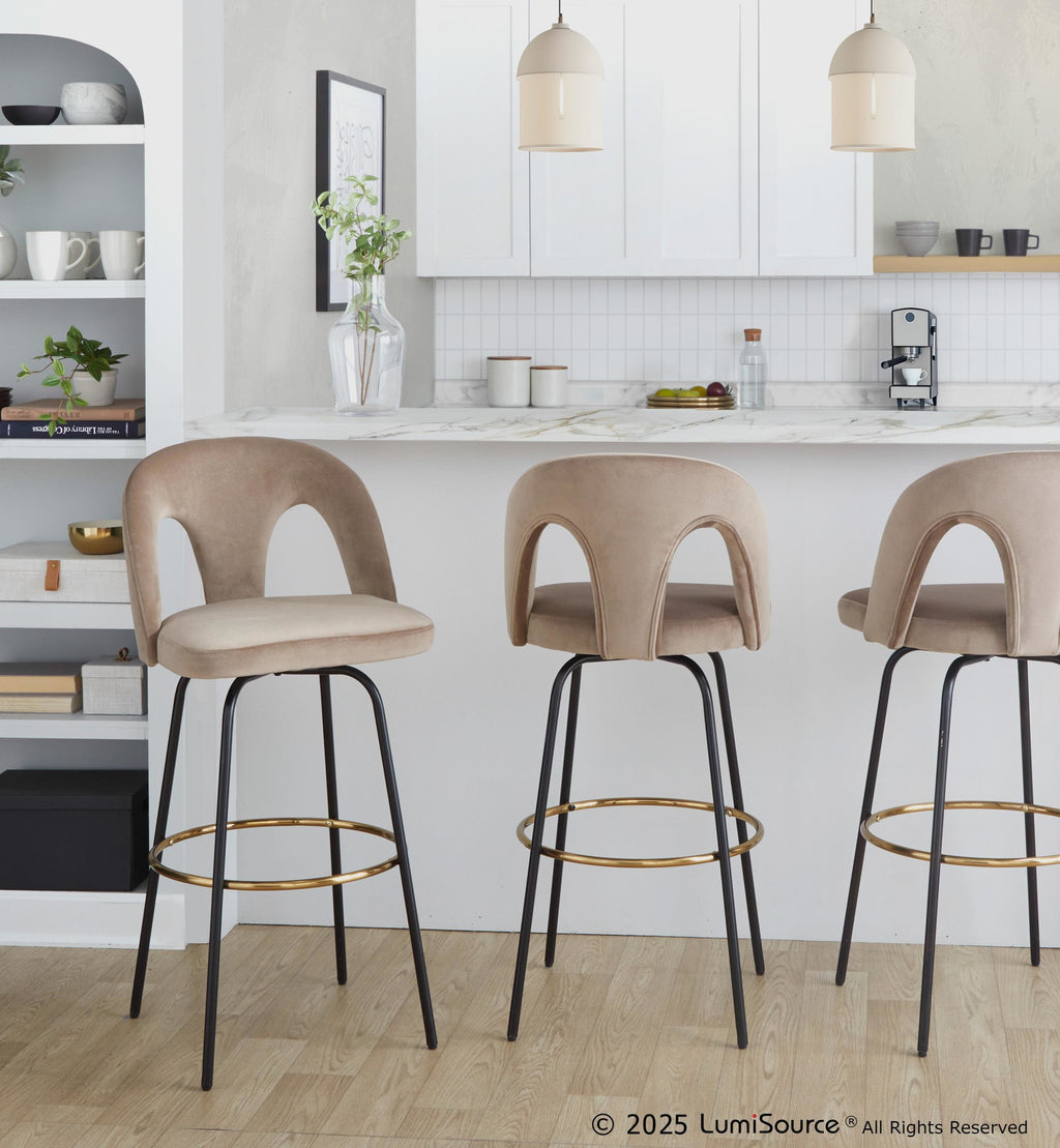 Ava Upholstered 30" Fixed-Height Barstool - Set of 2 - Black Metal, Taupe Velvet, Gold Metal
