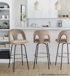 Ava Upholstered 30" Fixed-Height Barstool - Set of 2 - Black Metal, Taupe Velvet, Gold Metal