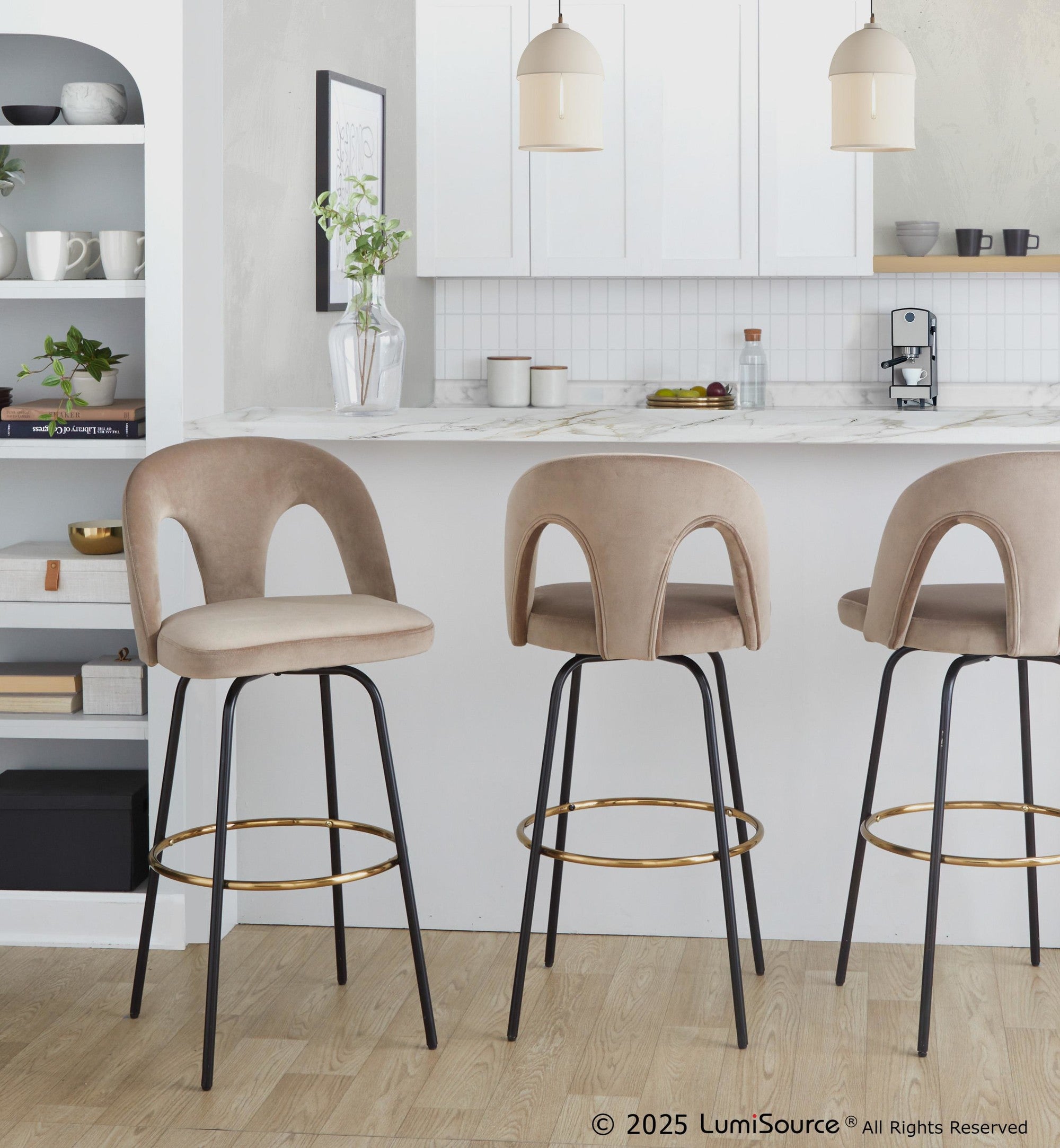 Ava Upholstered 30" Fixed-Height Barstool - Set of 2 - Black Metal, Taupe Velvet, Gold Metal