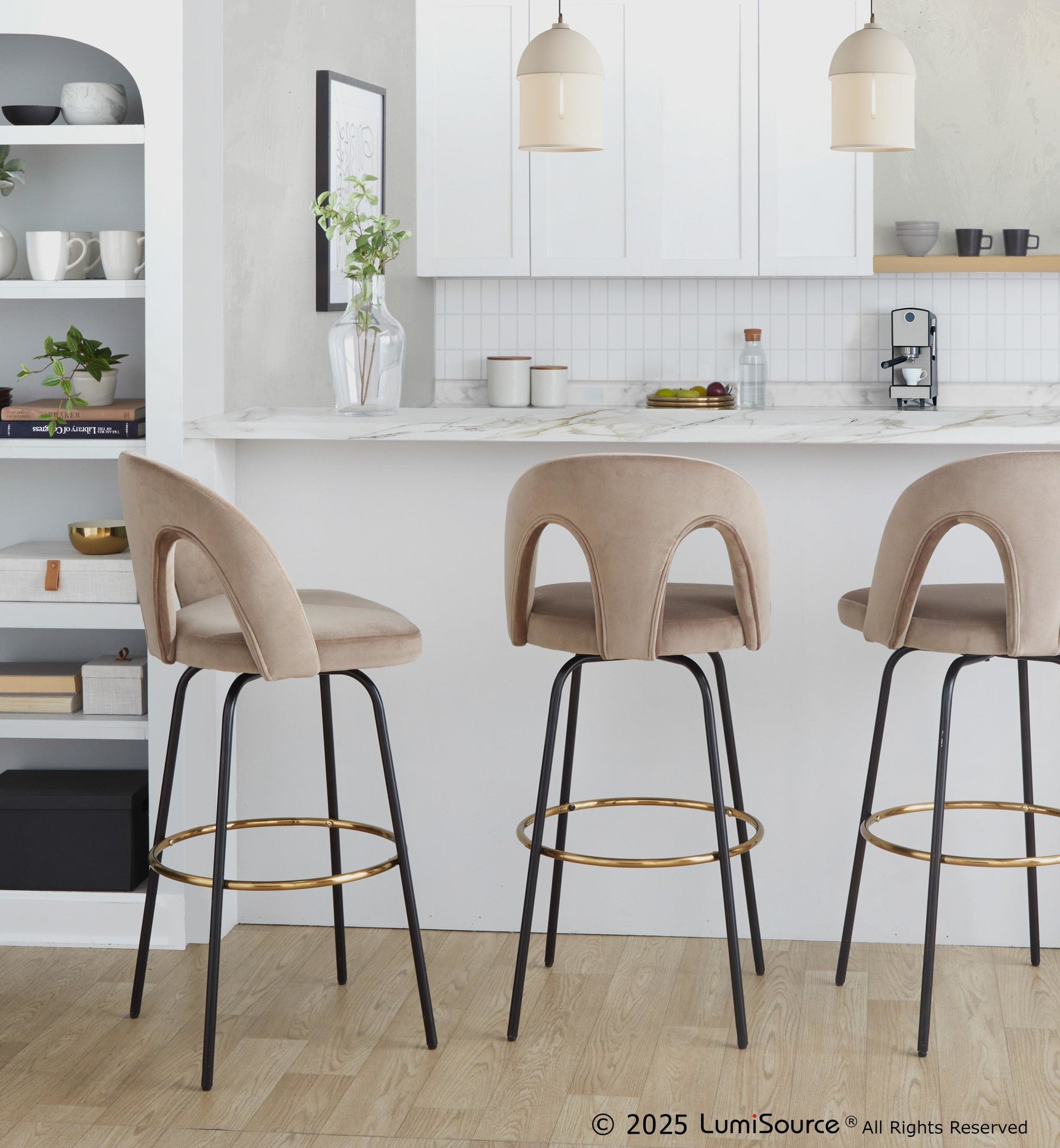 Ava Upholstered 30" Fixed-Height Barstool - Set of 2 - Black Metal, Taupe Velvet, Gold Metal