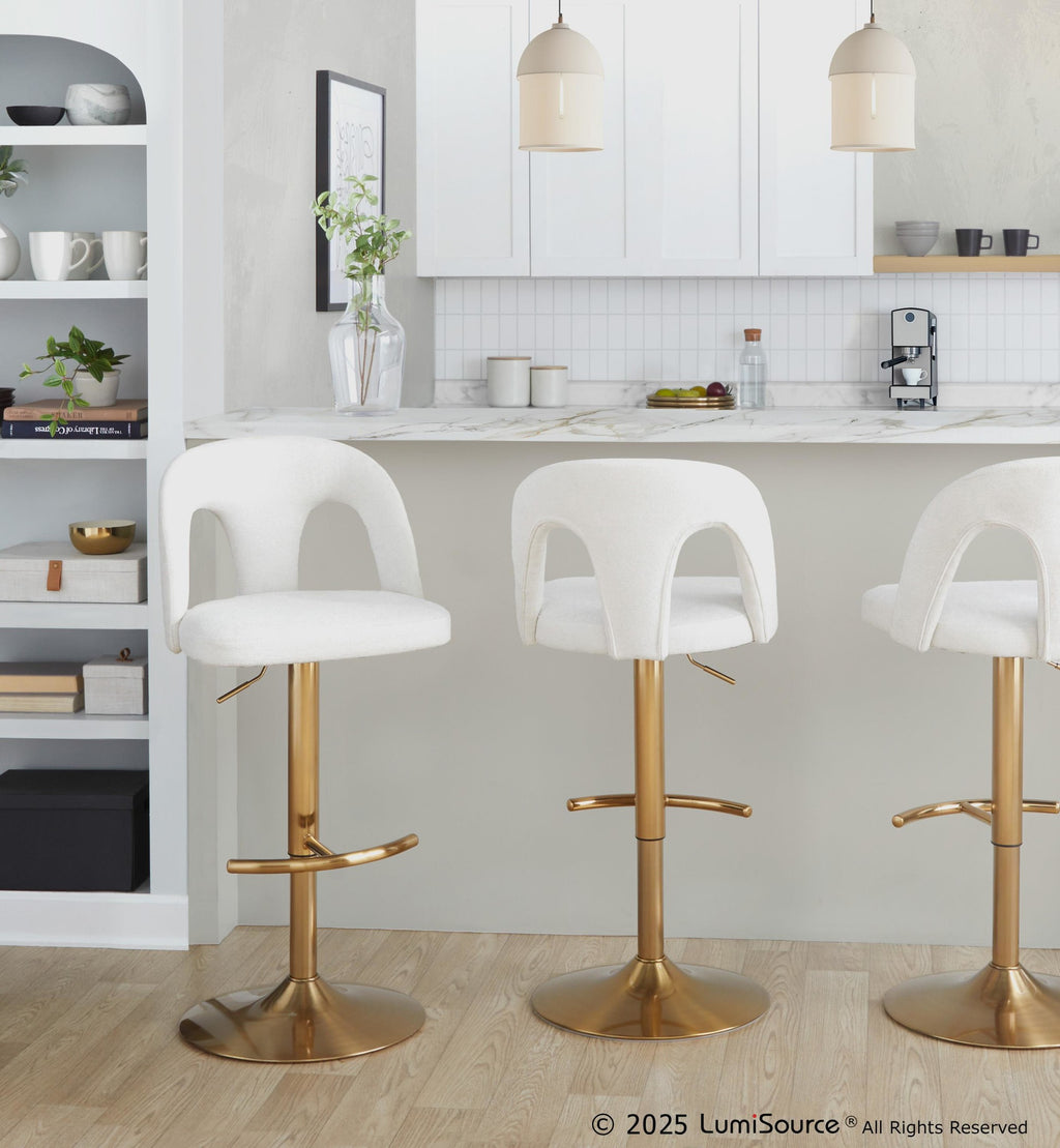 Ava Upholstered Adjustable Barstool - Set of 2 - Gold Metal, Snow White Fabric