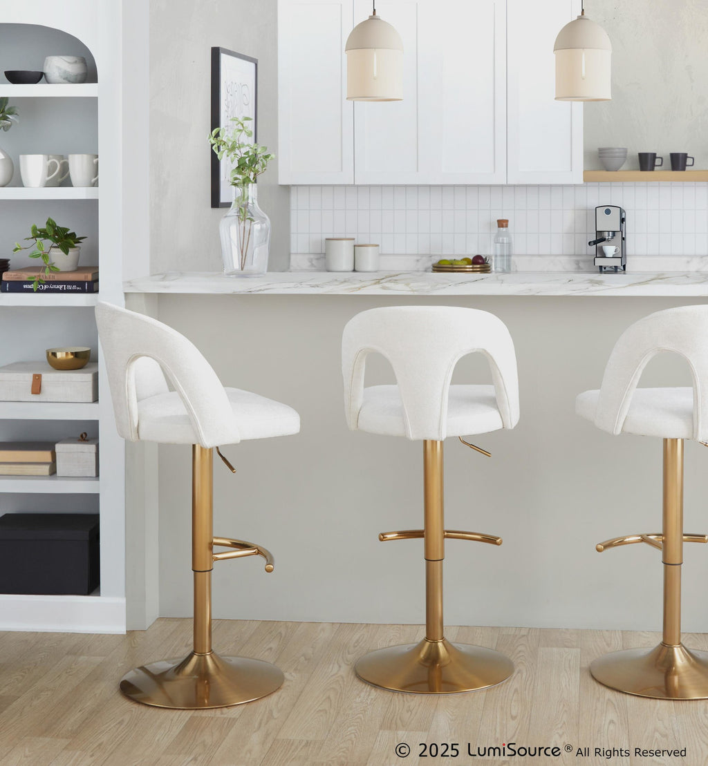 Ava Upholstered Adjustable Barstool - Set of 2 - Gold Metal, Snow White Fabric